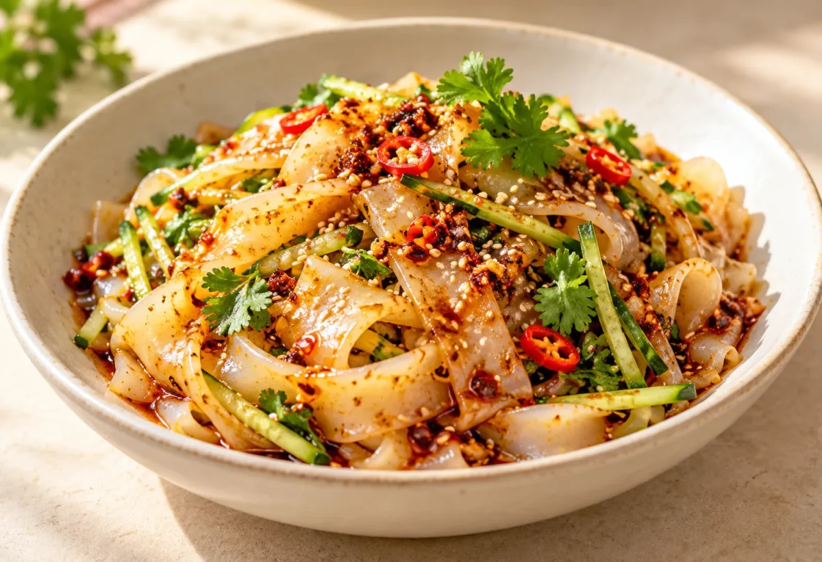 Homemade liang pi cold-skin noodles served ready to eat.