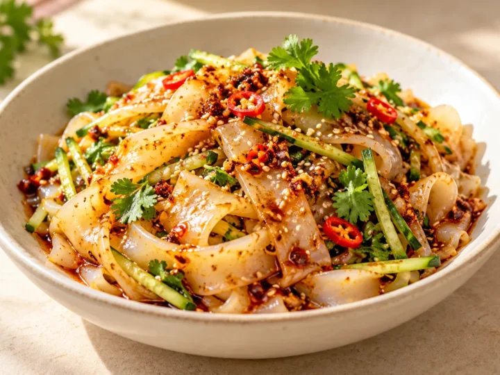 Homemade liang pi cold-skin noodles served ready to eat.