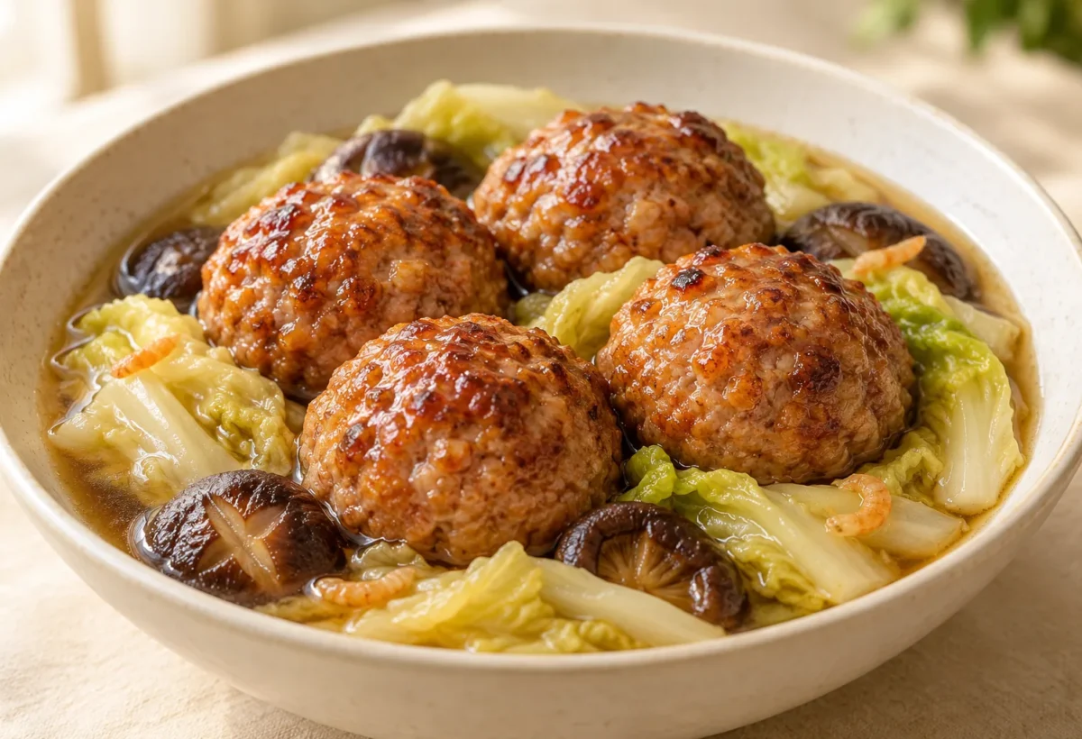 Lion’s head pork meatballs served ready to eat.