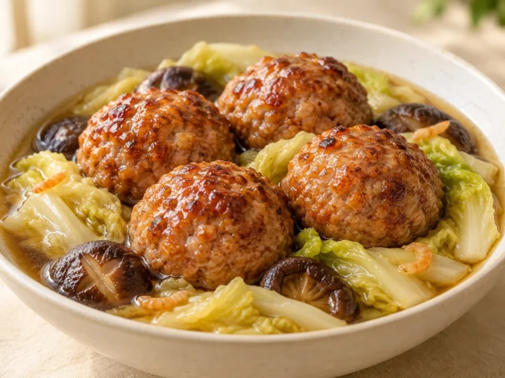 Lion’s head pork meatballs served ready to eat.