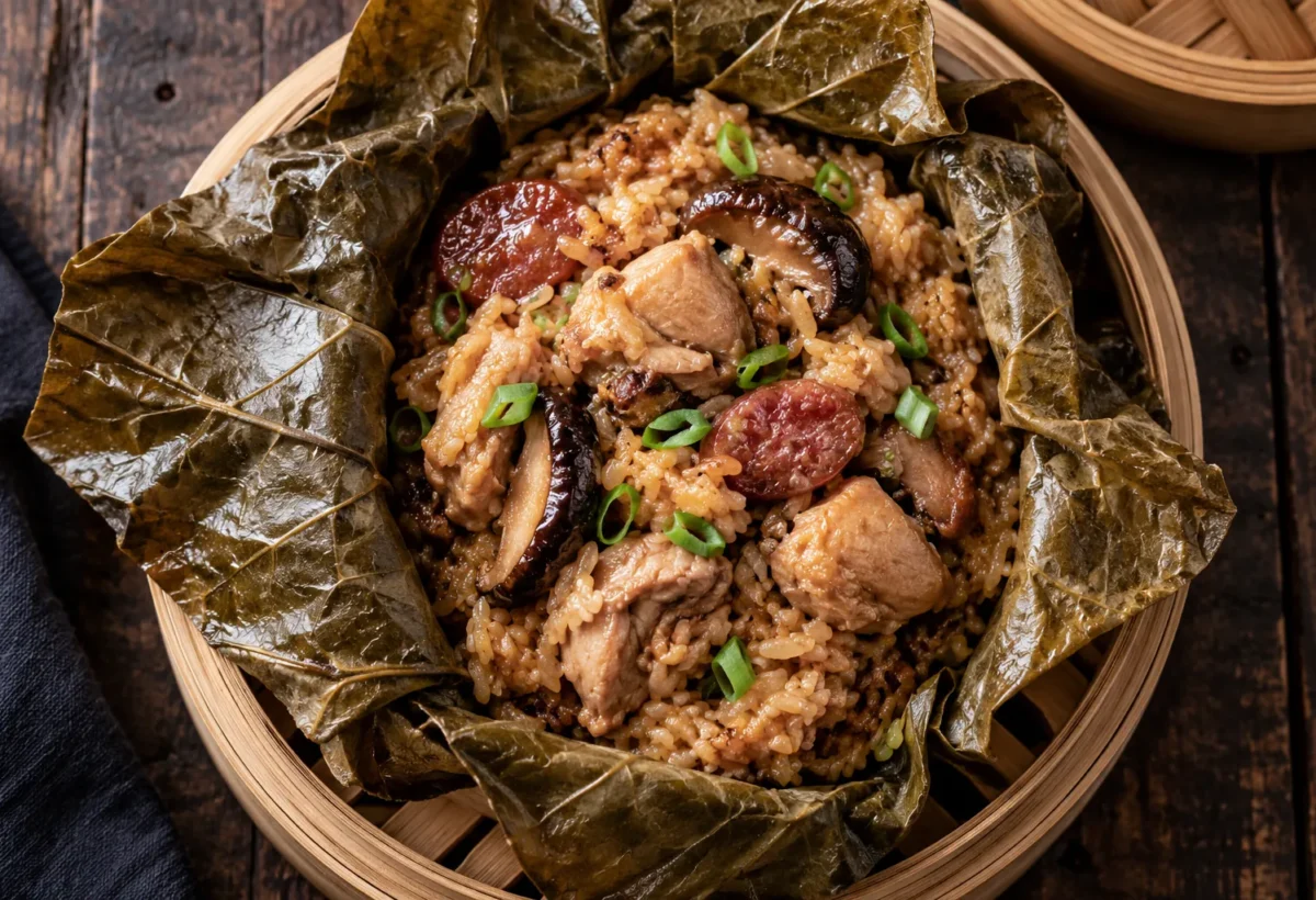 Lotus-leaf sticky rice with chicken.