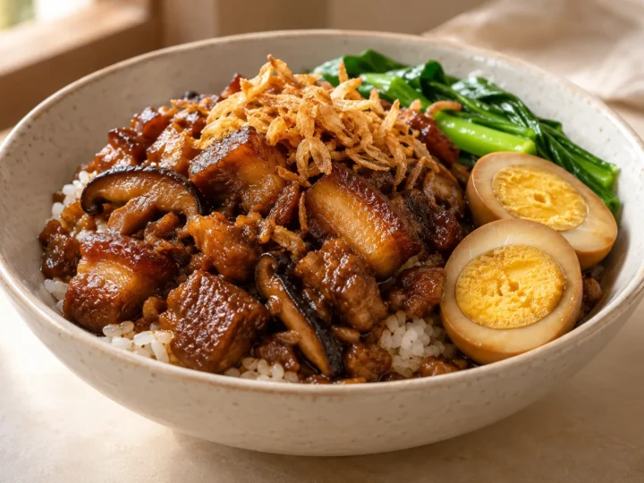 Taiwanese braised pork rice bowls served ready to eat.