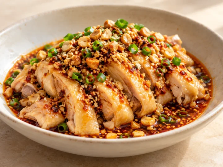 Sichuan chicken in chilli dressing served ready to eat.