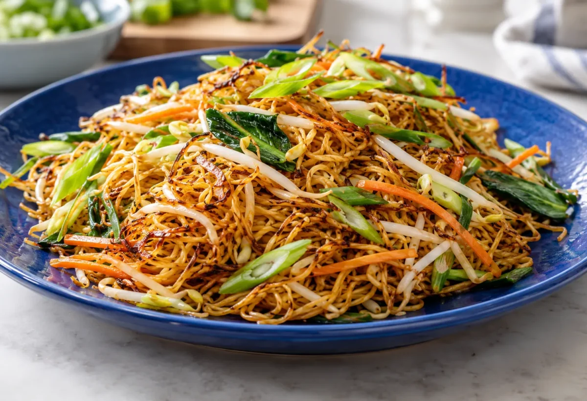 Crisp pan-fried noodles with vegetables.