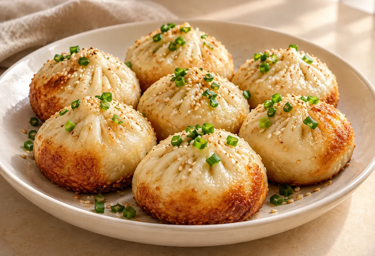 Pan-fried pork buns served ready to eat.