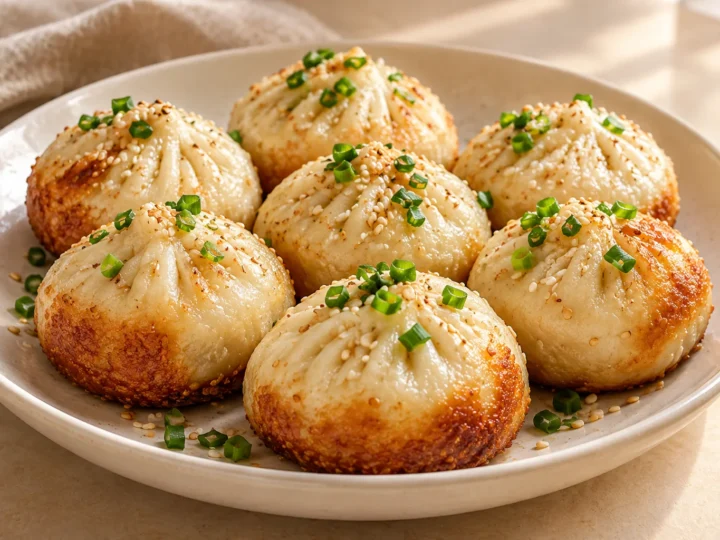 Pan-fried pork buns served ready to eat.