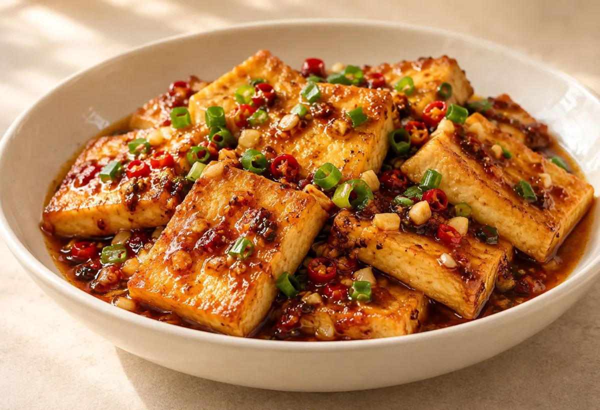Golden pan-fried tofu served ready to eat.
