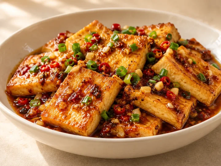 Golden pan-fried tofu served ready to eat.