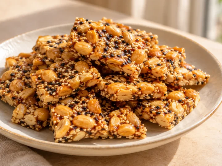 Peanut and sesame brittle served ready to eat.
