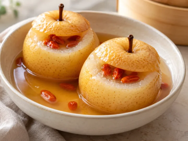 Steamed pears with rock sugar served ready to eat.