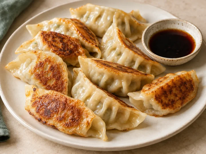 Pork and cabbage potstickers served ready to eat.