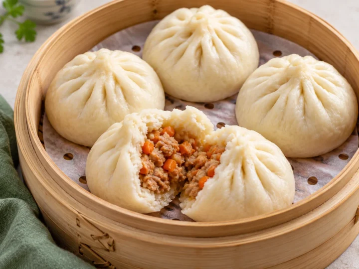 Fluffy pork and carrot baozi served ready to eat.