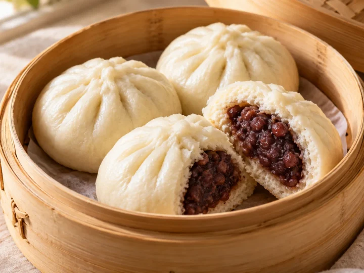 Sweet red-bean buns served ready to eat.