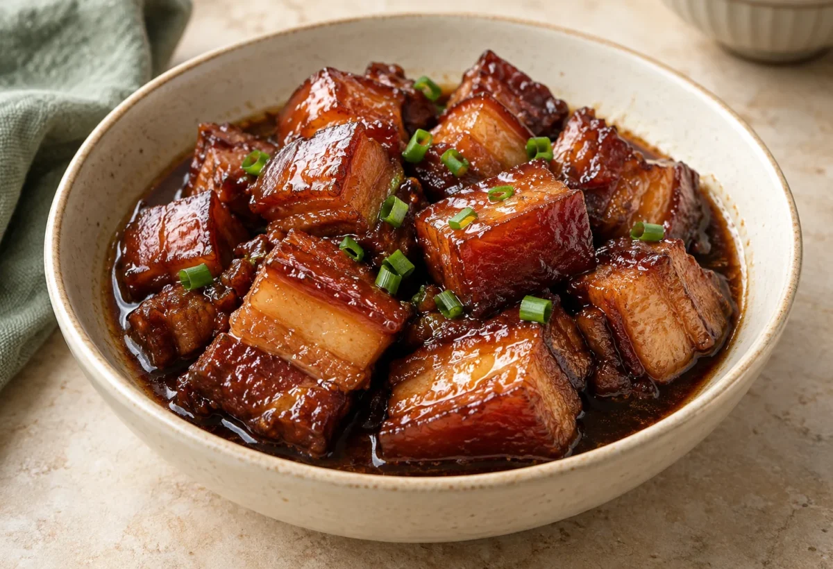 Red-braised pork belly served ready to eat.