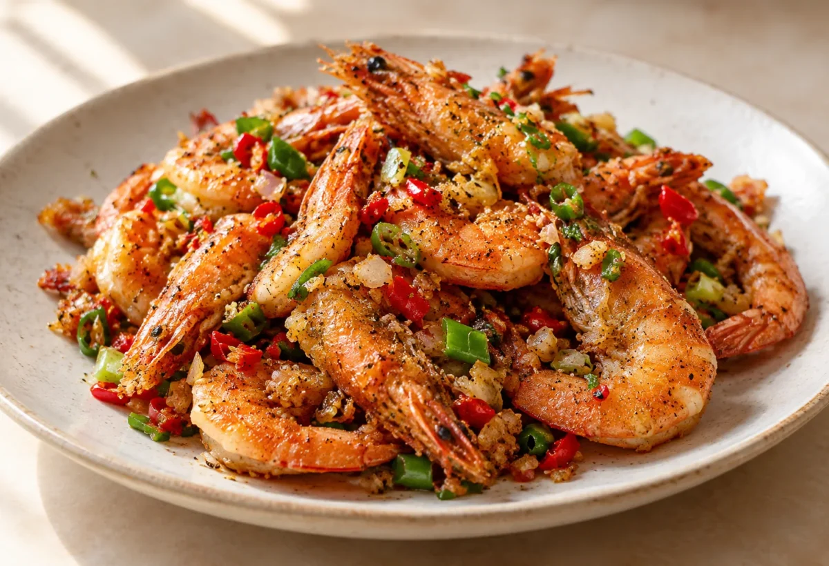 Salt and pepper prawns served ready to eat.