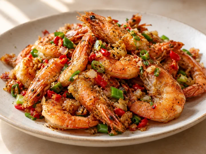Salt and pepper prawns served ready to eat.