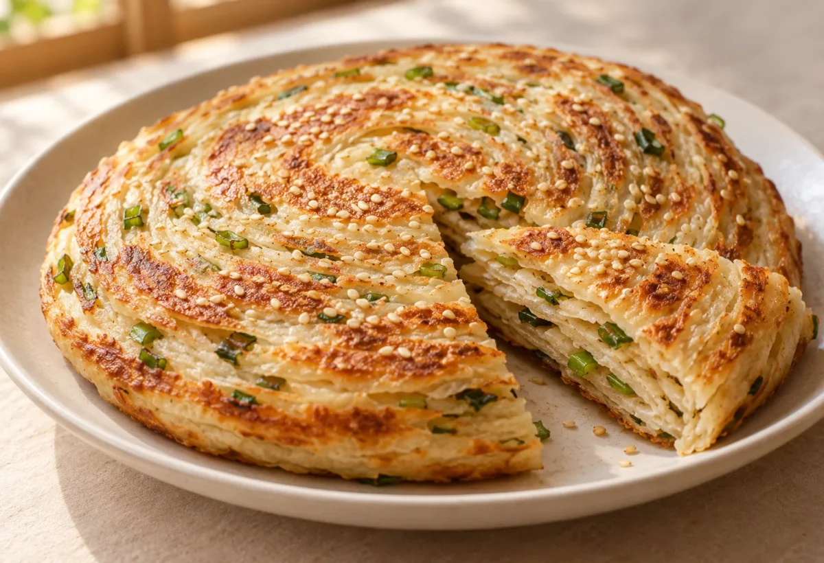 Layered sesame and spring-onion bread served ready to eat.