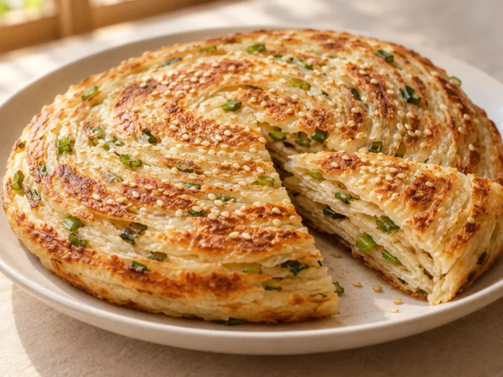 Layered sesame and spring-onion bread served ready to eat.
