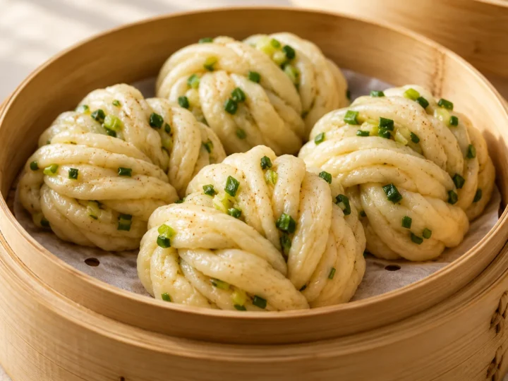 Spring-onion flower rolls served ready to eat.