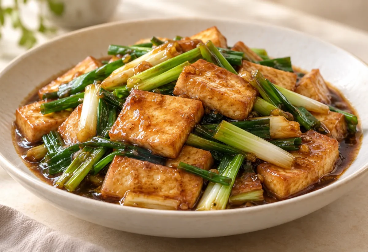 Tofu with spring onions served ready to eat.