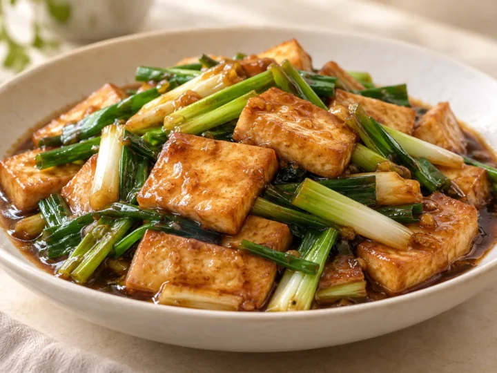 Tofu with spring onions served ready to eat.
