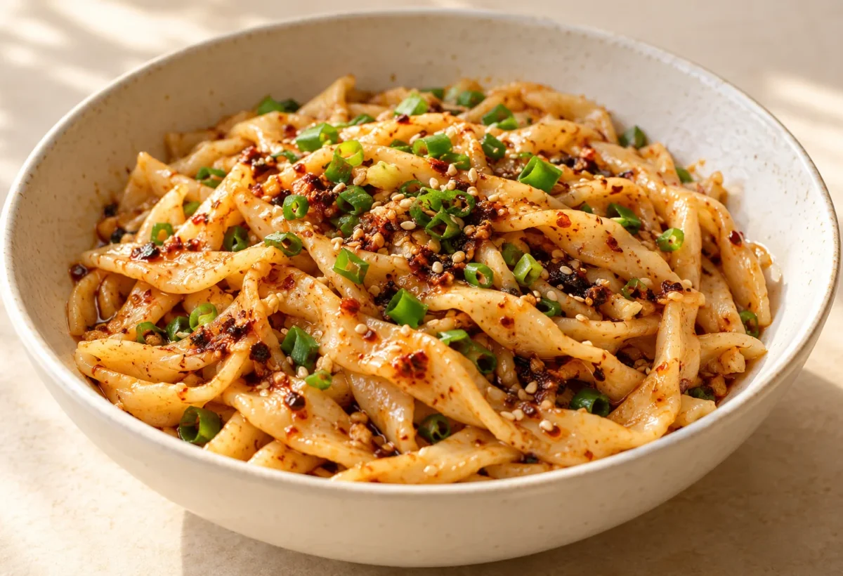 Homemade scissor-cut noodles served ready to eat.