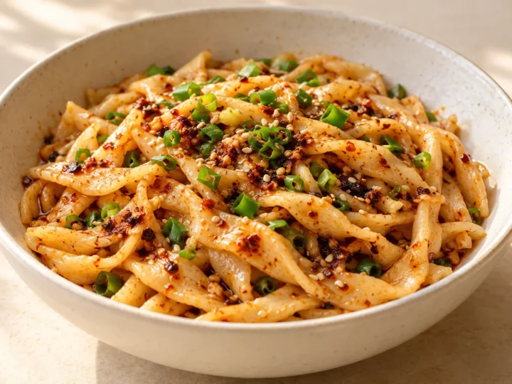Homemade scissor-cut noodles served ready to eat.