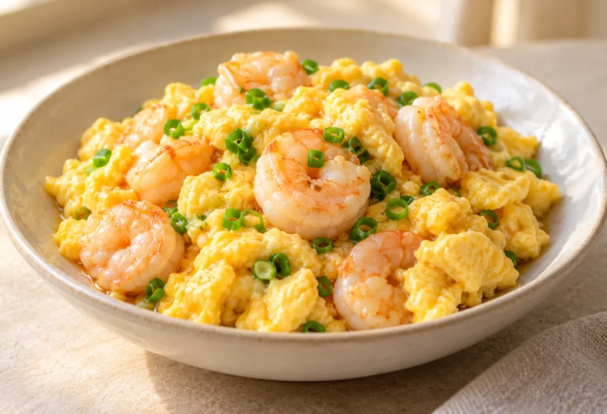 Prawns and softly scrambled eggs served ready to eat.