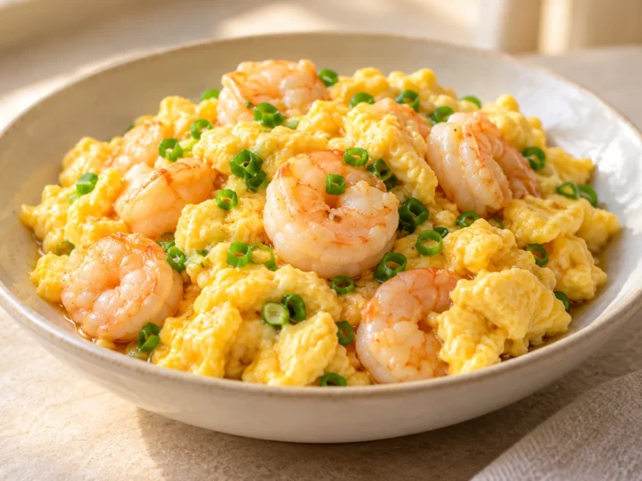 Prawns and softly scrambled eggs served ready to eat.