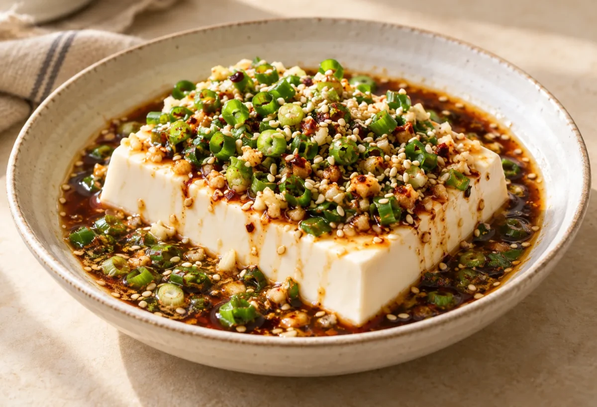Silken tofu with a savoury dressing served ready to eat.