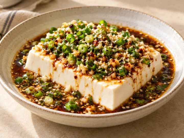 Silken tofu with a savoury dressing served ready to eat.