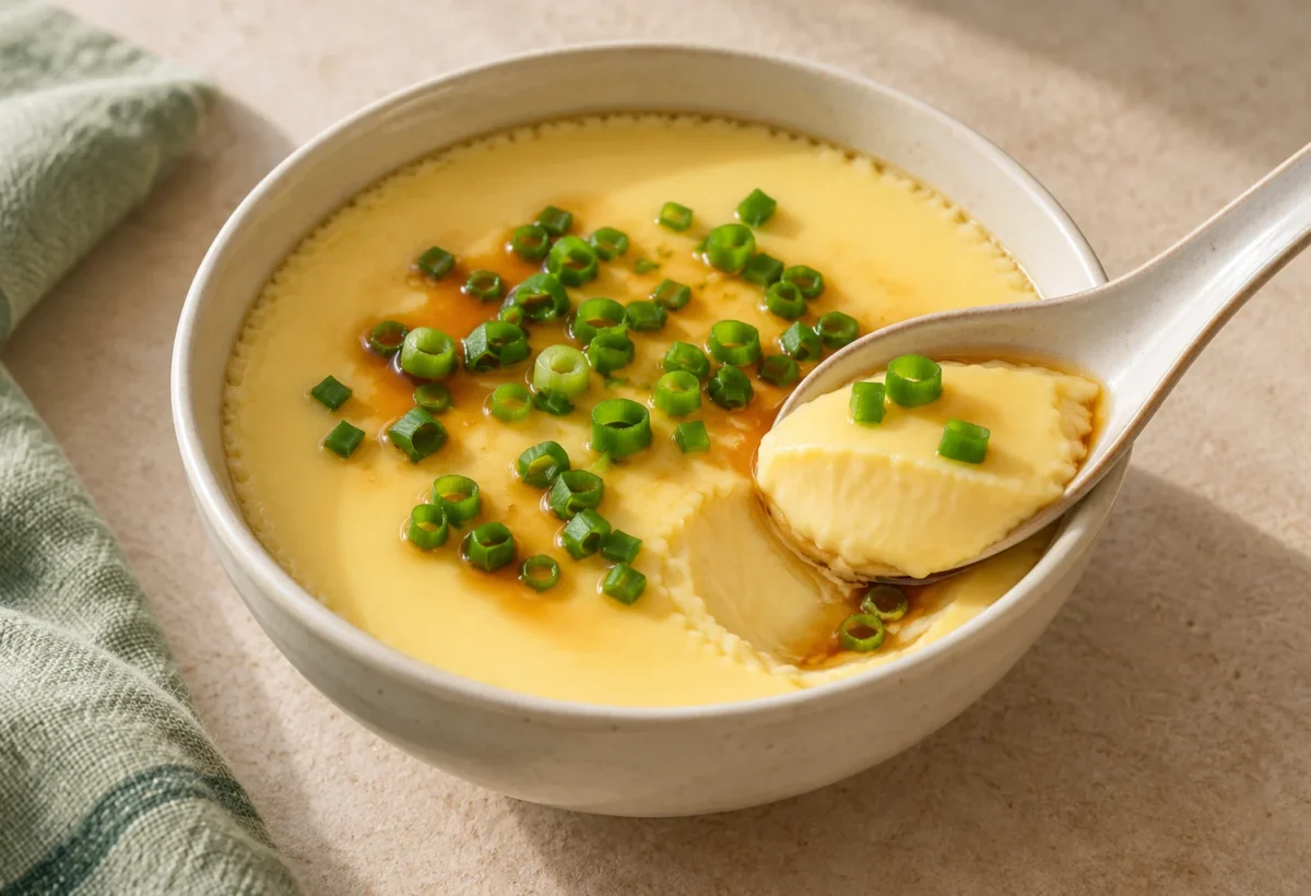 Silky Chinese steamed eggs served ready to eat.