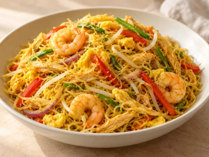 Singapore-style rice noodles served ready to eat.