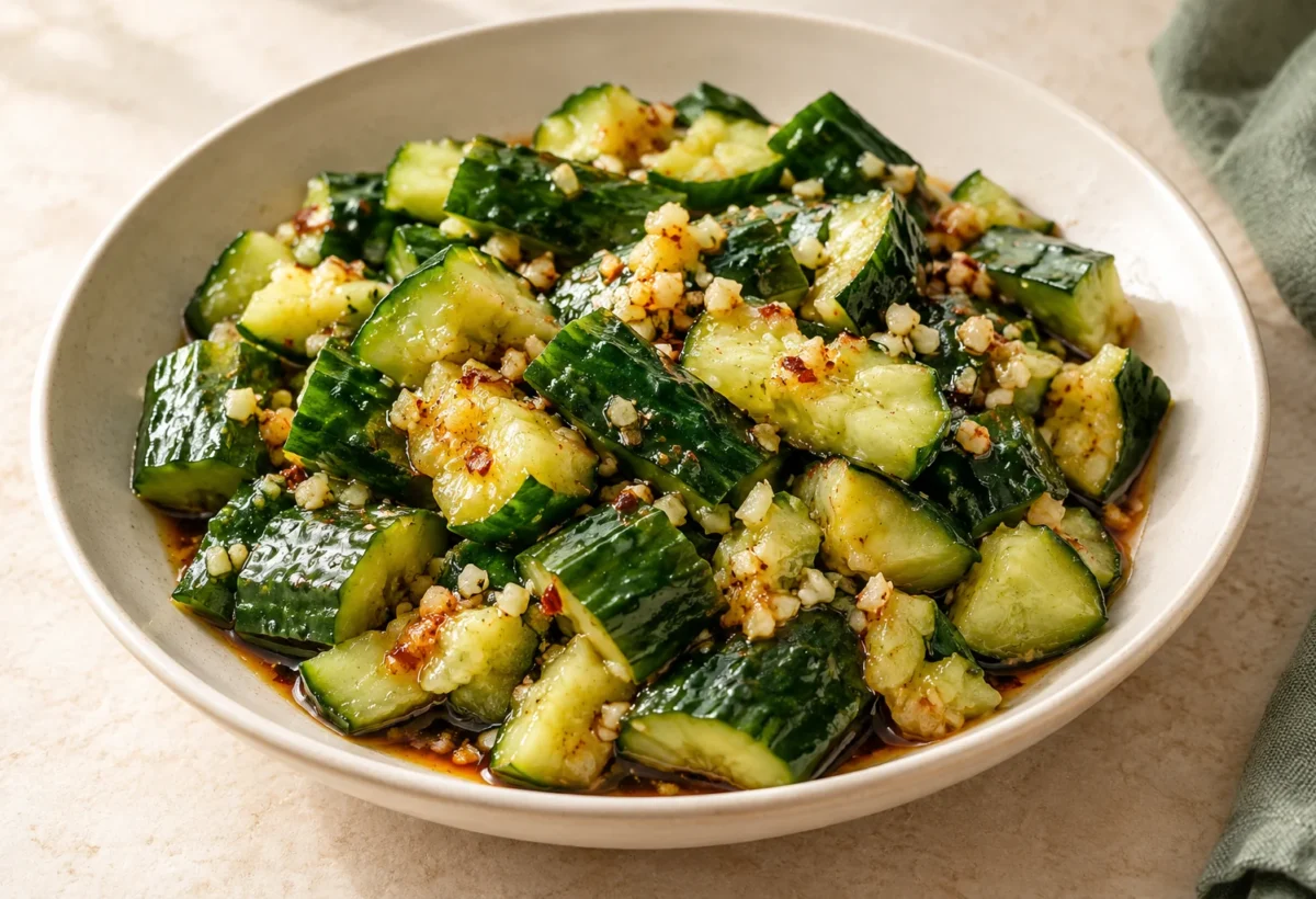 Crunchy smashed cucumber salad served ready to eat.