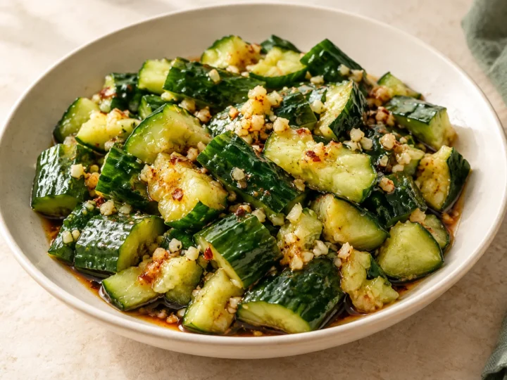 Crunchy smashed cucumber salad served ready to eat.