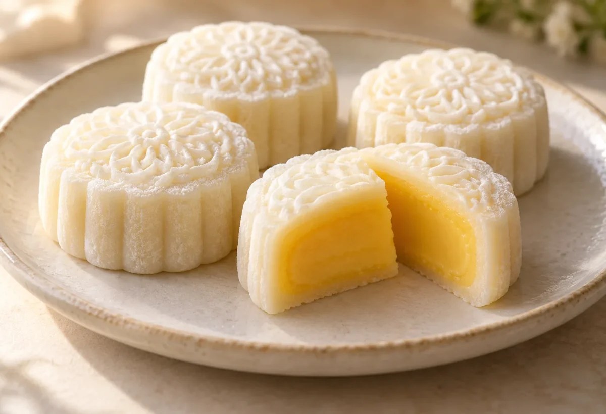 Snow-skin custard mooncakes served ready to eat.
