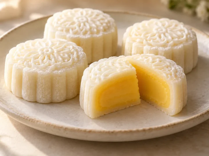Snow-skin custard mooncakes served ready to eat.
