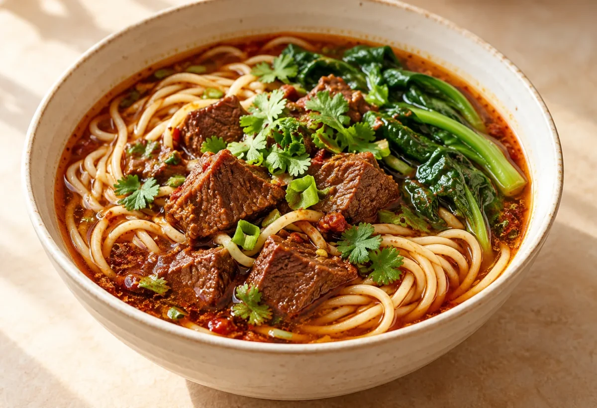 Spicy beef noodle soup served ready to eat.