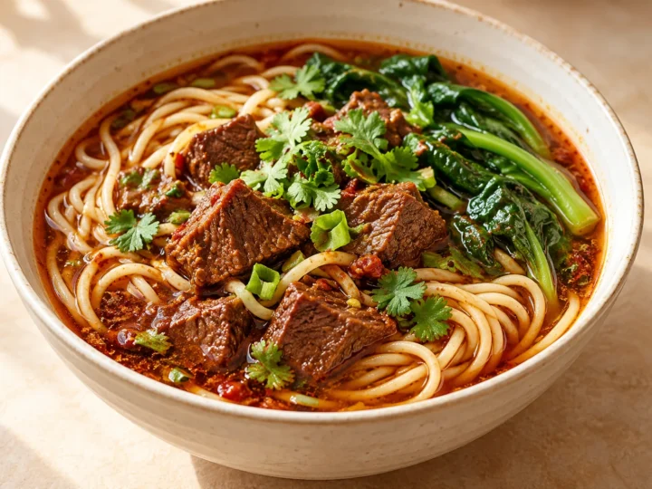 Spicy beef noodle soup served ready to eat.