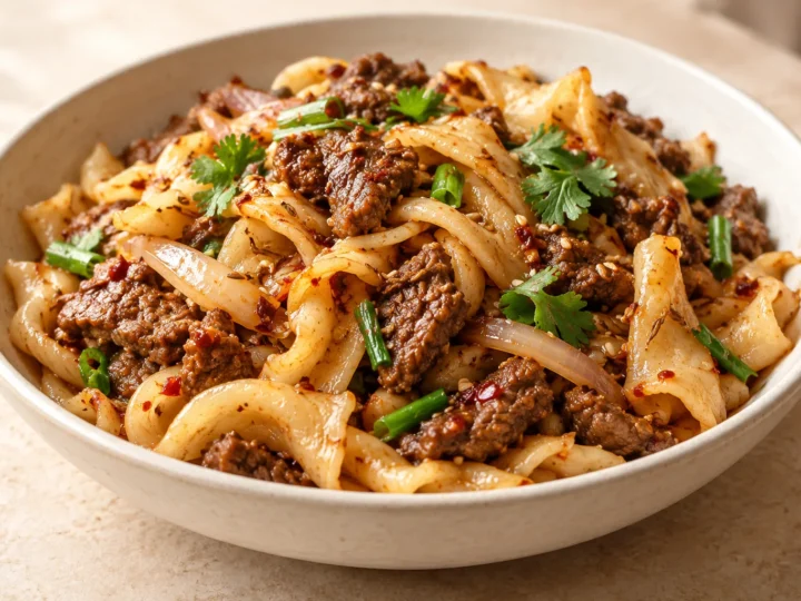 Cumin lamb with hand-torn noodles served ready to eat.