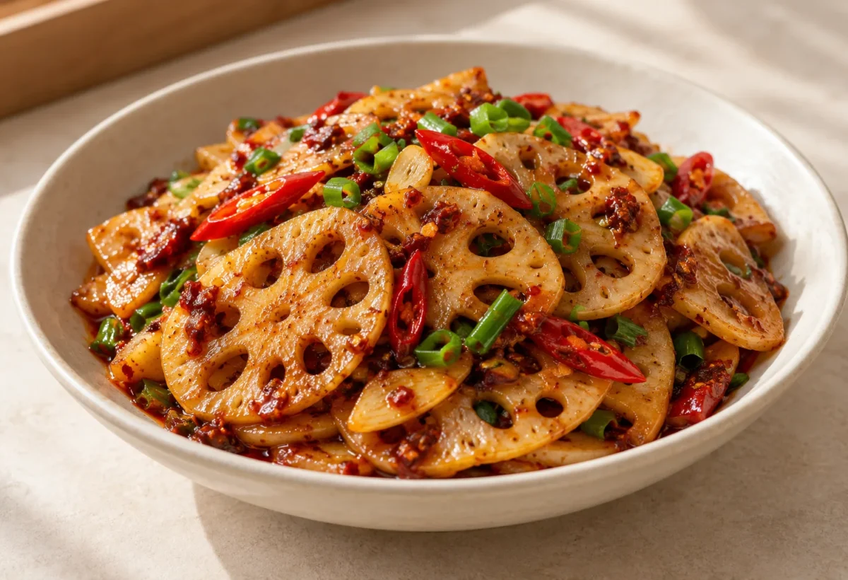 Spicy lotus-root stir-fry served ready to eat.