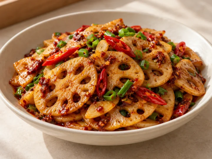 Spicy lotus-root stir-fry served ready to eat.