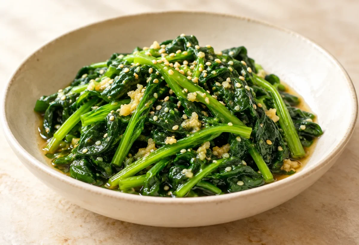 Spinach salad with ginger dressing served ready to eat.