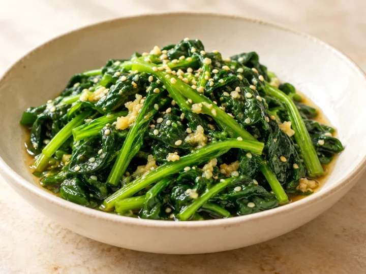Spinach salad with ginger dressing served ready to eat.