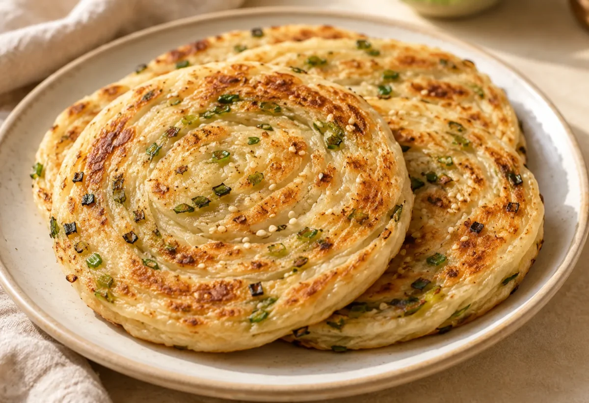 Fluffy spring-onion flatbread served ready to eat.