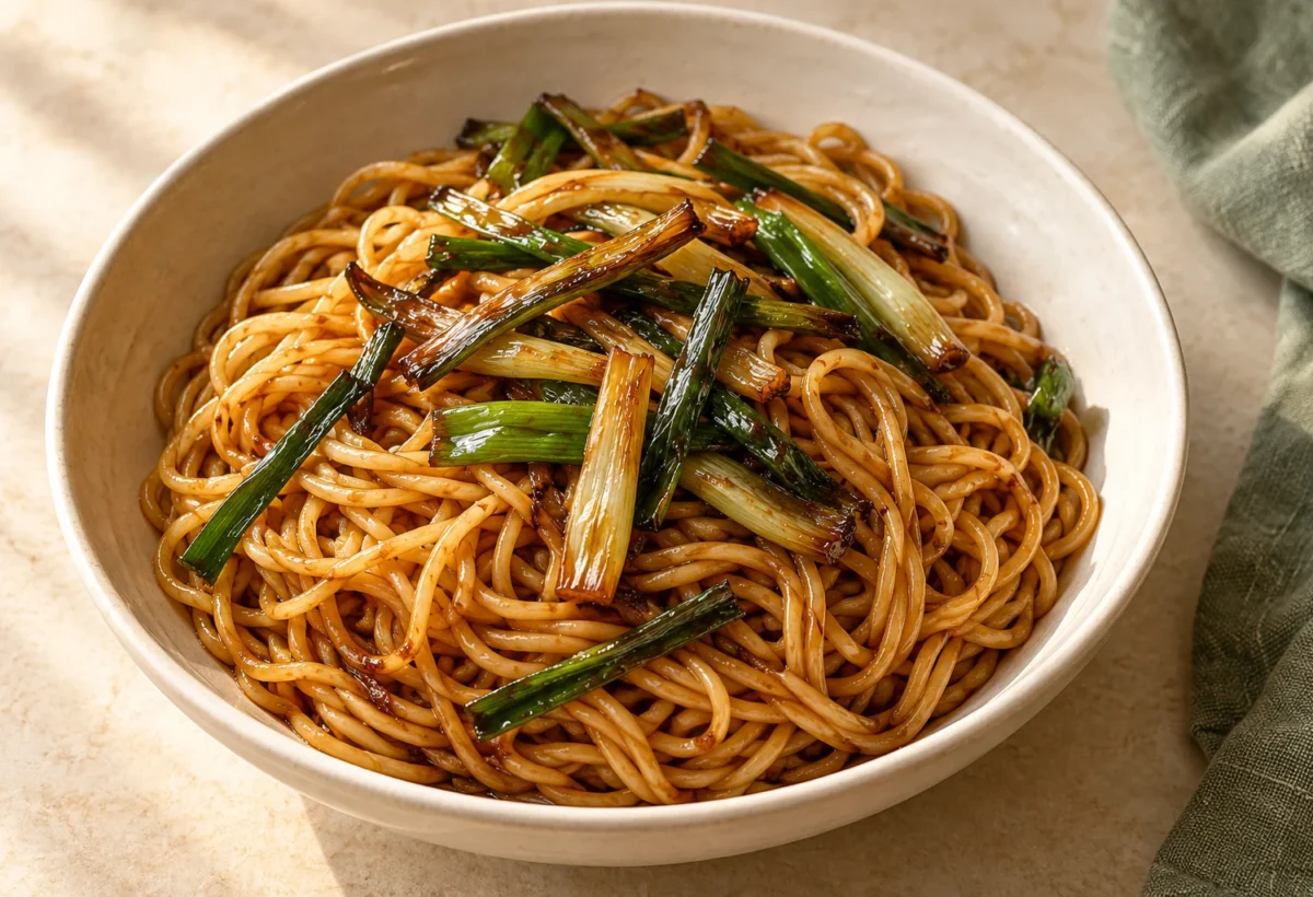 Shanghai spring-onion oil noodles served ready to eat.