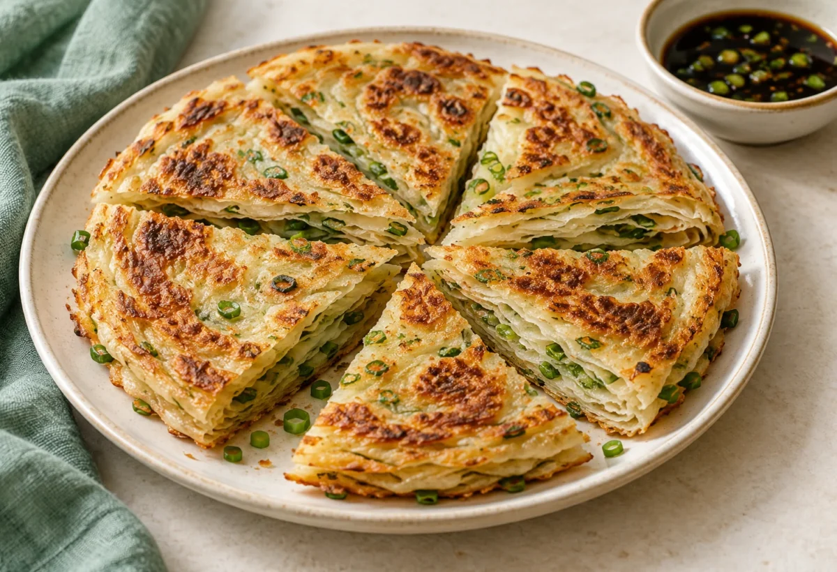 Flaky spring-onion pancakes served ready to eat.