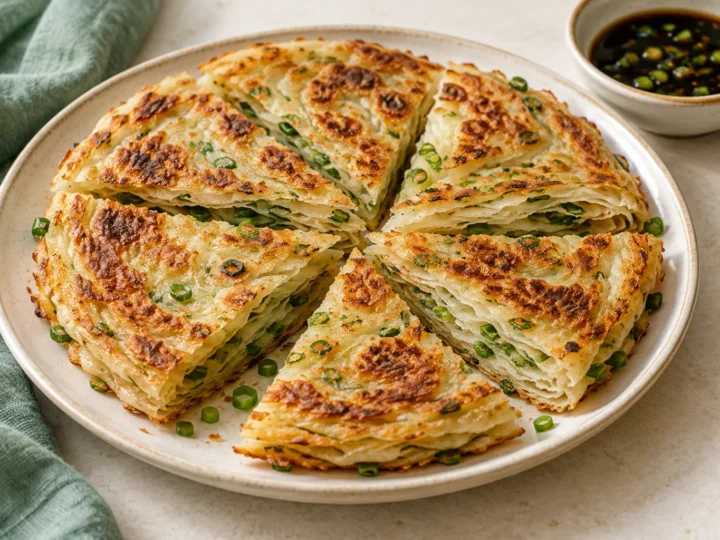 Flaky spring-onion pancakes served ready to eat.