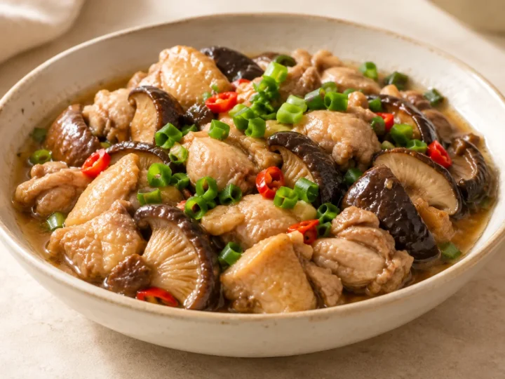 Steamed chicken with mushrooms served ready to eat.