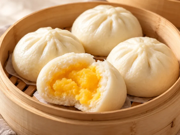 Steamed custard buns served ready to eat.